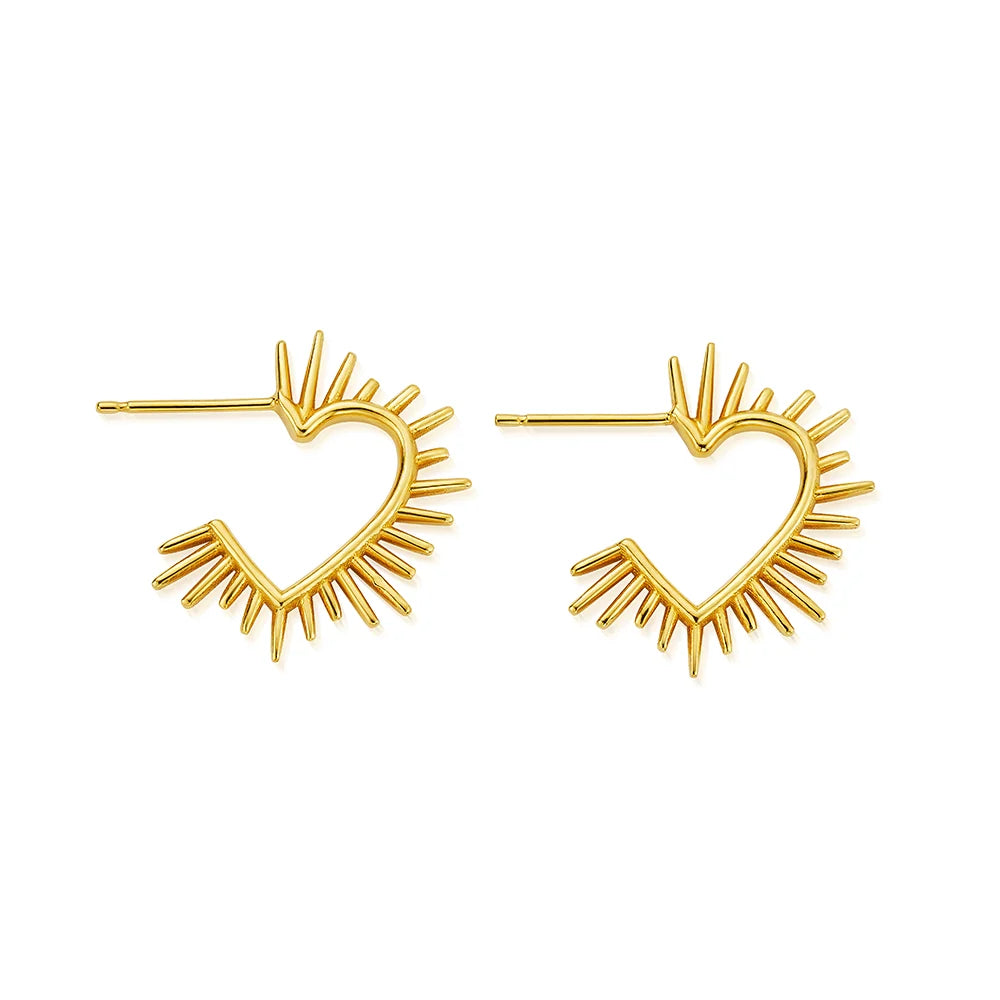 Gold Heart Ray Hoop Earrings