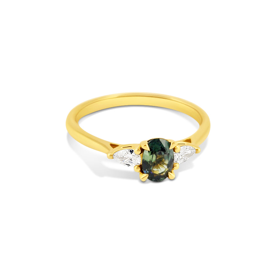 Teal Sapphire and Diamond Three Stone Ring