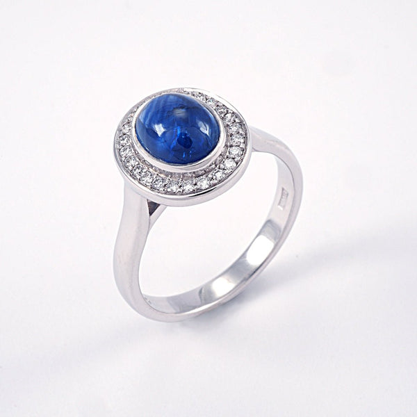 Cabochon Sapphire with Diamond Halo Ring - Tustains Jewellers