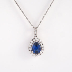 Pear Sapphire with Diamond Halo Pendant - Tustains Jewellers