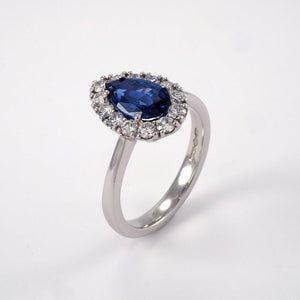 Pear Sapphire with Diamond Halo Ring - Tustains Jewellers