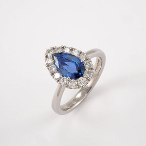 Pear Sapphire with Diamond Halo Ring - Tustains Jewellers