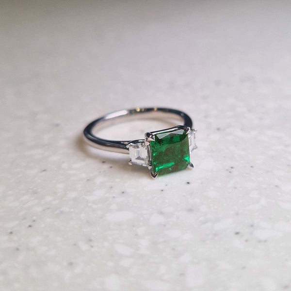Platinum Emerald + Diamond Three Stone Ring - Tustains Jewellers