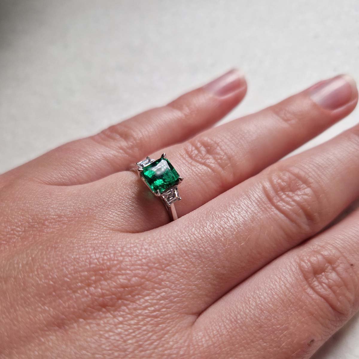 Platinum Emerald + Diamond Three Stone Ring - Tustains Jewellers