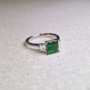 Platinum Emerald + Diamond Three Stone Ring