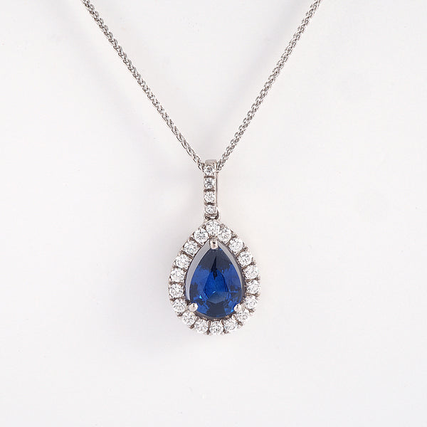 Pear Sapphire with Diamond Halo Pendant